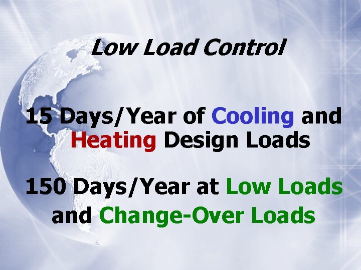 Low Load Control 15 Days/Year of Cooling and Heating Design Loads 150 Days/Year at