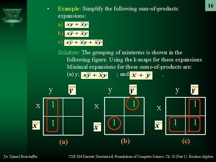  • 16 Example: Simplify the following sum-of-products expansions: a) b) c) Solution: The