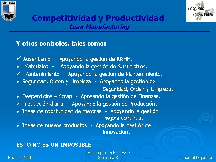 Competitividad y Productividad Lean Manufacturing Y otros controles, tales como: ü Ausentismo - Apoyando Competitividad y Productividad Lean Manufacturing Y otros controles, tales como: ü Ausentismo - Apoyando