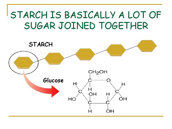 STARCH IS BASICALLY A LOT OF SUGAR JOINED TOGETHER STARCH Glucose 