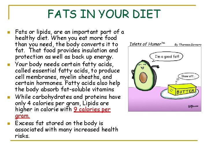 FATS IN YOUR DIET n n Fats or lipids, are an important part of