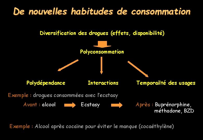 De nouvelles habitudes de consommation Diversification des drogues (effets, disponibilité) Polyconsommation Polydépendance Interactions Temporailté