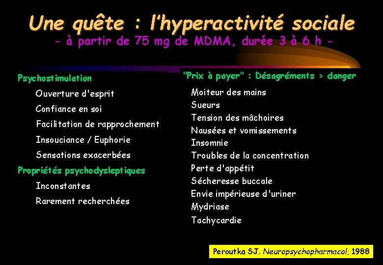 Une quête : l’hyperactivité sociale - à partir de 75 mg de MDMA, durée