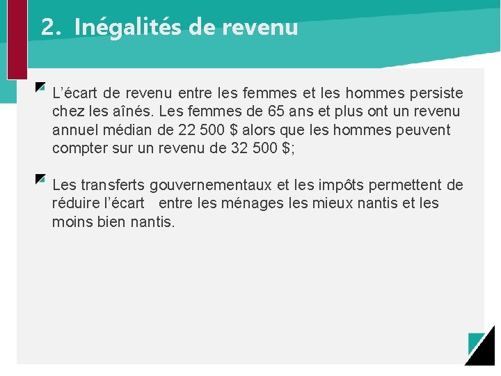 2. Inégalités de revenu L’écart de revenu entre les femmes et les hommes persiste