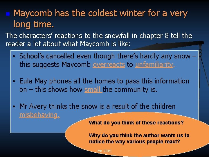 n Maycomb has the coldest winter for a very long time. The characters’ reactions