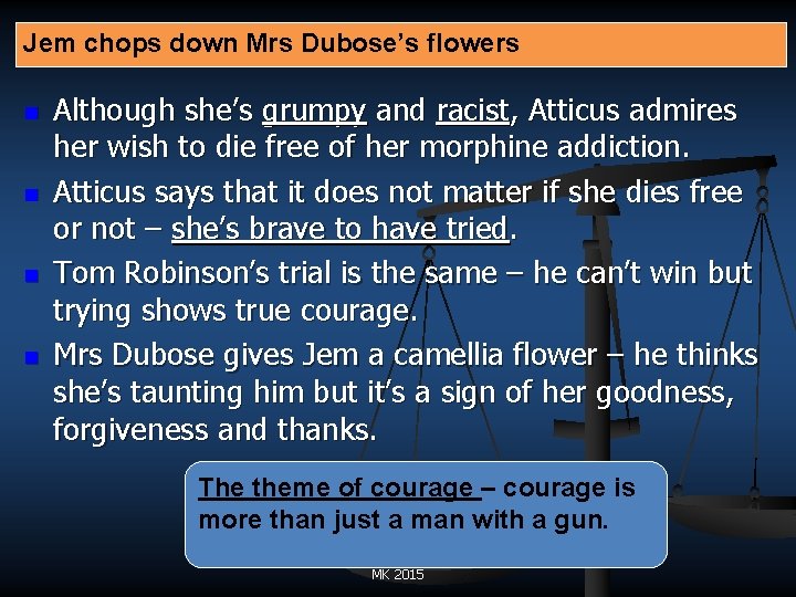 Jem chops down Mrs Dubose’s flowers n n Although she’s grumpy and racist, Atticus