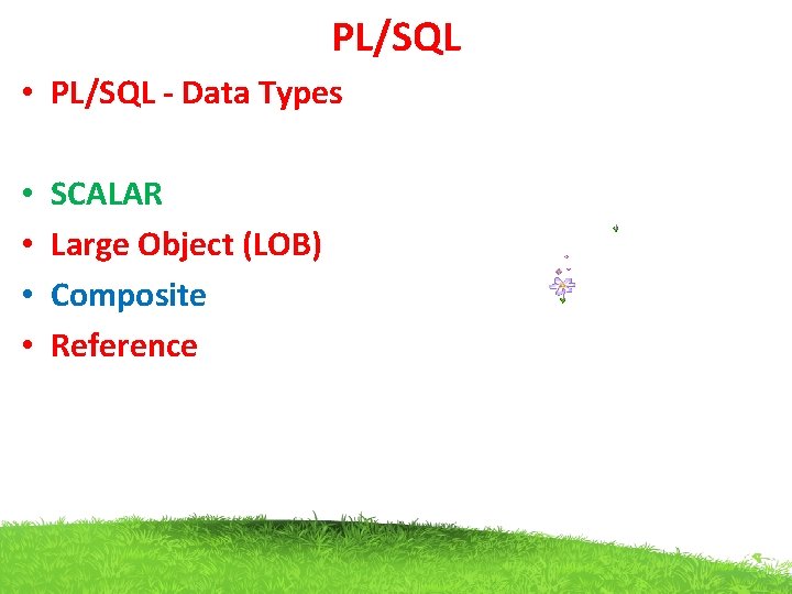 PL/SQL • PL/SQL - Data Types • • SCALAR Large Object (LOB) Composite Reference