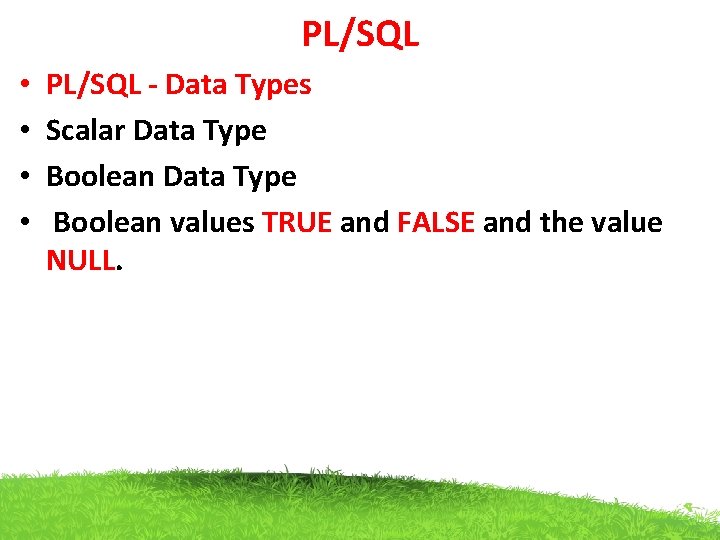 PL/SQL • • PL/SQL - Data Types Scalar Data Type Boolean values TRUE and