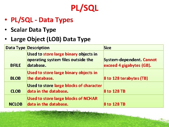 PL/SQL • PL/SQL - Data Types • Scalar Data Type • Large Object (LOB)