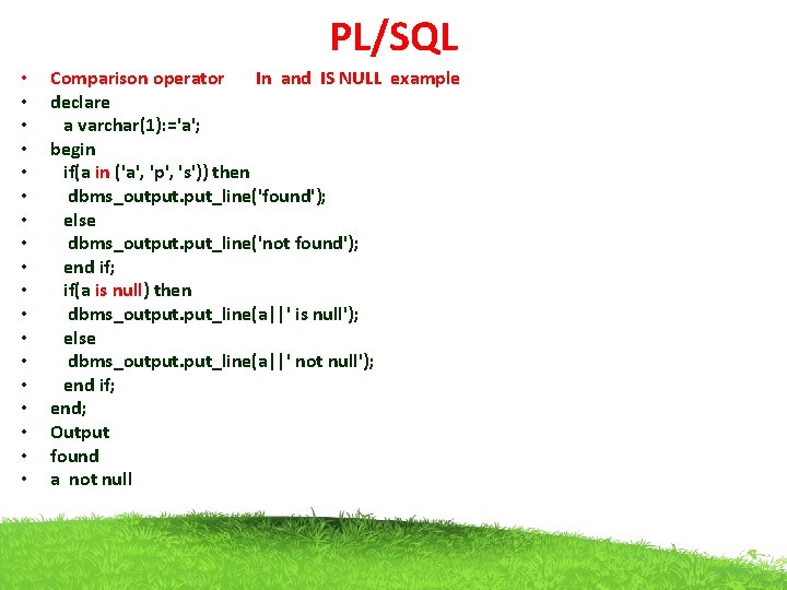 PL/SQL • • • • • Comparison operator In and IS NULL example declare