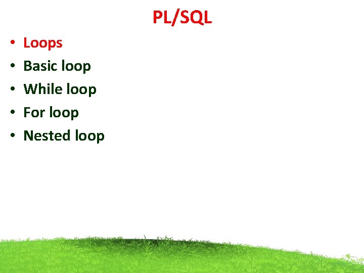 PL/SQL • • • Loops Basic loop While loop For loop Nested loop 