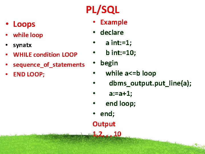 PL/SQL • Loops • • • while loop synatx WHILE condition LOOP sequence_of_statements END