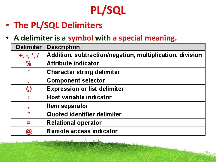 PL/SQL • The PL/SQL Delimiters • A delimiter is a symbol with a special