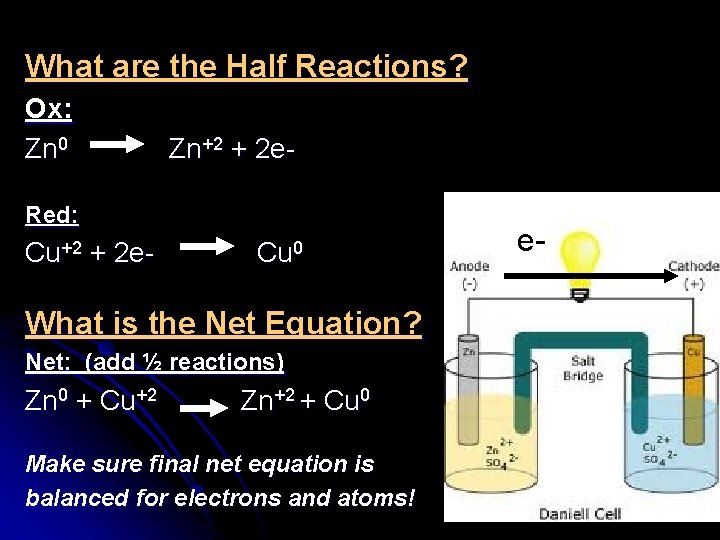 What are the Half Reactions? Ox: Zn 0 Zn+2 + 2 e- Red: Cu+2
