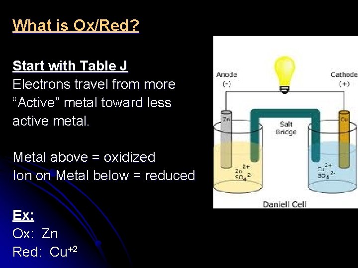 What is Ox/Red? Start with Table J Electrons travel from more “Active” metal toward