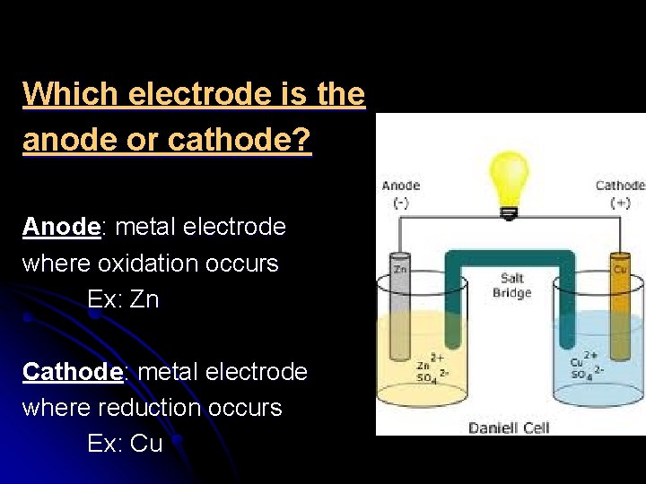 Which electrode is the anode or cathode? Anode: metal electrode where oxidation occurs Ex: