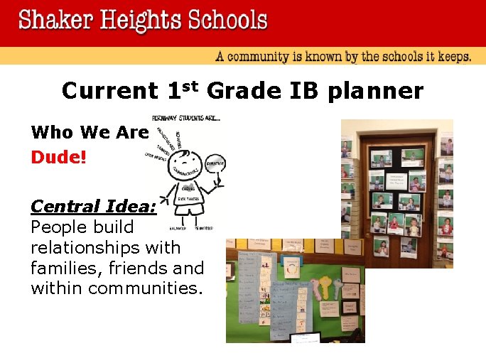 Current 1 st Grade IB planner Who We Are Dude! Central Idea: People build