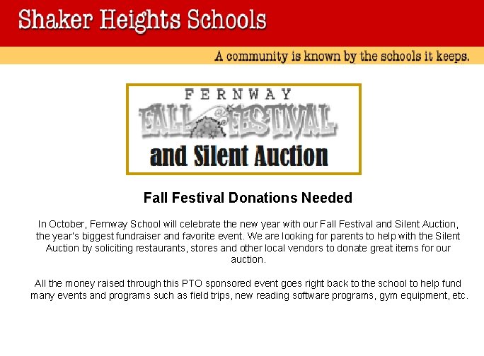 Fall Festival Donations Needed In October, Fernway School will celebrate the new year with