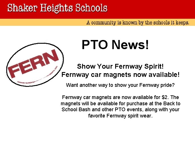 PTO News! Show Your Fernway Spirit! Fernway car magnets now available! Want another way