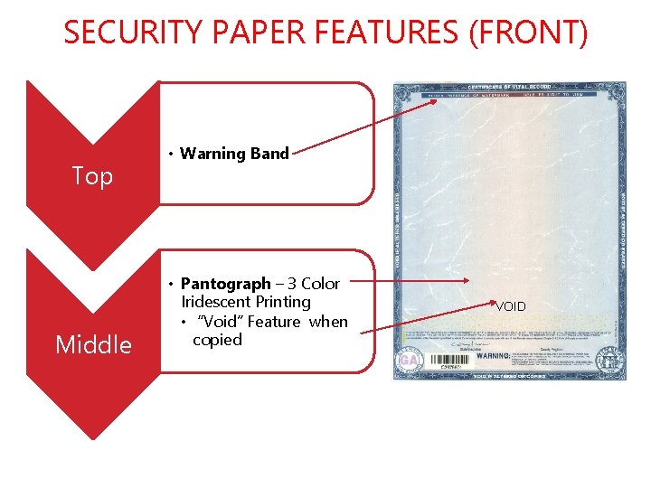 SECURITY PAPER FEATURES (FRONT) Top Middle • Warning Band • Pantograph – 3 Color