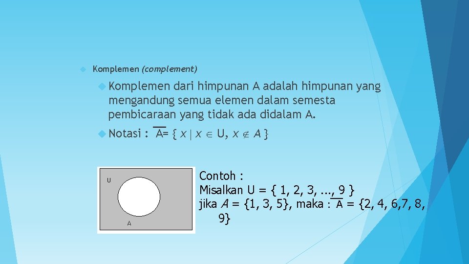  Komplemen (complement) Komplemen dari himpunan A adalah himpunan yang mengandung semua elemen dalam