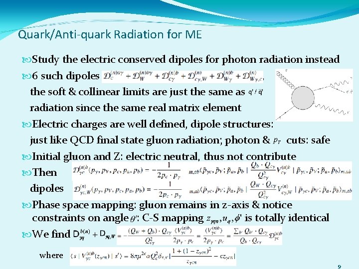 Quark/Anti-quark Radiation for ME Study the electric conserved dipoles for photon radiation instead 6