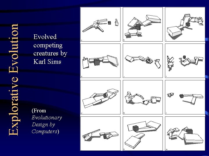 Explorative Evolution Evolved competing creatures by Karl Sims (From Evolutionary Design by Computers) 