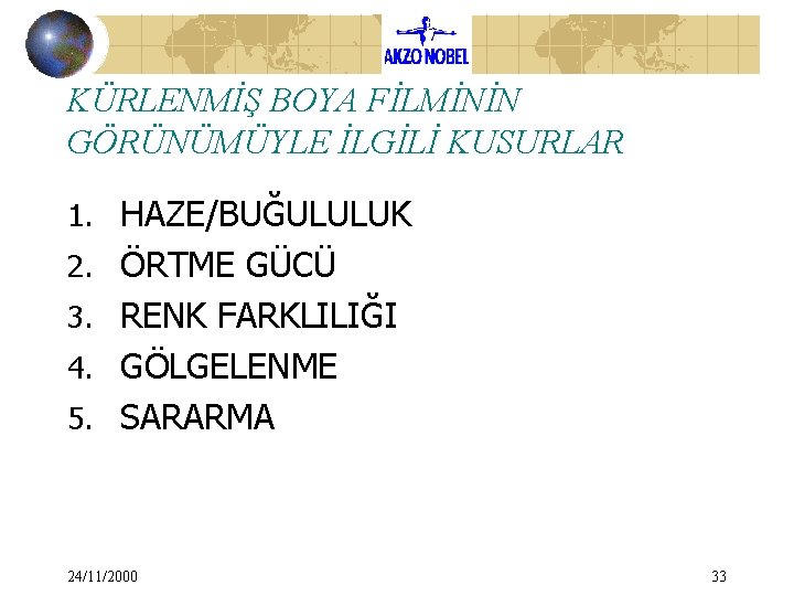 KÜRLENMİŞ BOYA FİLMİNİN GÖRÜNÜMÜYLE İLGİLİ KUSURLAR 1. HAZE/BUĞULULUK 2. ÖRTME GÜCÜ 3. RENK FARKLILIĞI KÜRLENMİŞ BOYA FİLMİNİN GÖRÜNÜMÜYLE İLGİLİ KUSURLAR 1. HAZE/BUĞULULUK 2. ÖRTME GÜCÜ 3. RENK FARKLILIĞI