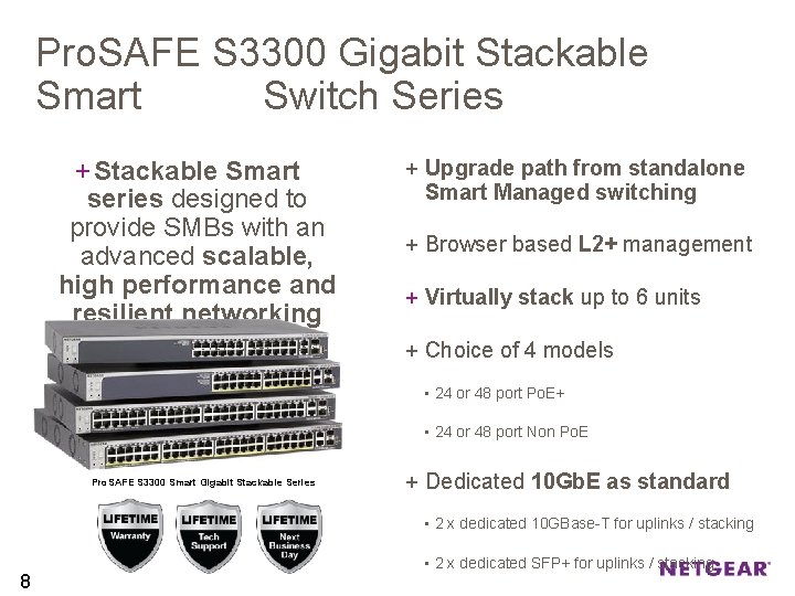 Pro. SAFE S 3300 Gigabit Stackable Smart Switch Series + Stackable Smart series designed