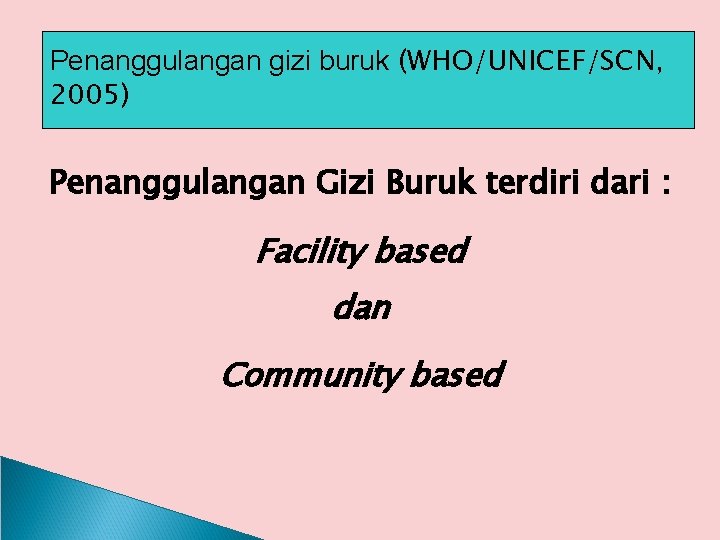 Penanggulangan gizi buruk (WHO/UNICEF/SCN, 2005) Penanggulangan Gizi Buruk terdiri dari : Facility based dan