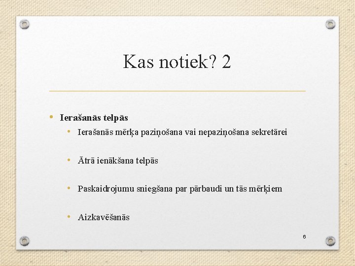 Kas notiek? 2 • Ierašanās telpās • Ierašanās mērķa paziņošana vai nepaziņošana sekretārei •