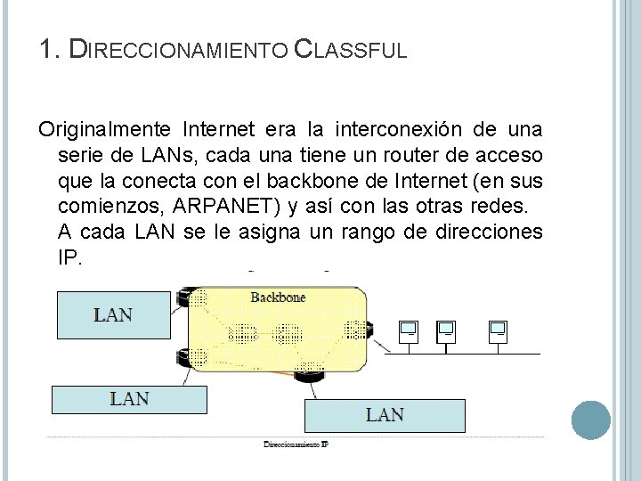 1. DIRECCIONAMIENTO CLASSFUL Originalmente Internet era la interconexión de una serie de LANs, cada