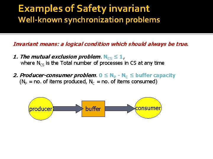 Examples of Safety invariant Well-known synchronization problems Invariant means: a logical condition which should