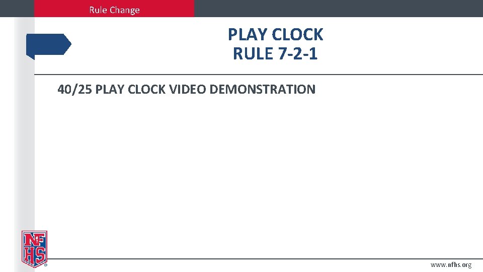 Rule Change PLAY CLOCK RULE 7 -2 -1 40/25 PLAY CLOCK VIDEO DEMONSTRATION www.