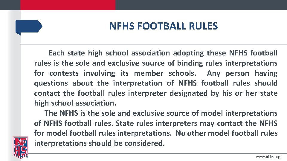 NFHS FOOTBALL RULES Each state high school association adopting these NFHS football rules is