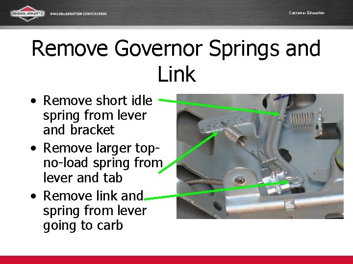 Customer Education Remove Governor Springs and Link • Remove short idle spring from lever
