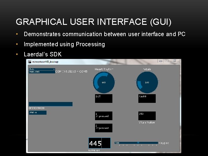 GRAPHICAL USER INTERFACE (GUI) • Demonstrates communication between user interface and PC • Implemented