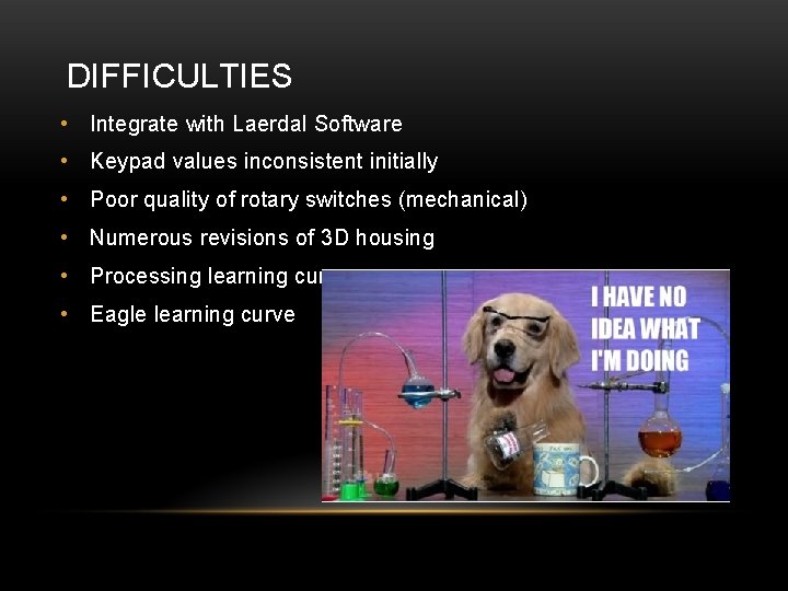 DIFFICULTIES • Integrate with Laerdal Software • Keypad values inconsistent initially • Poor quality