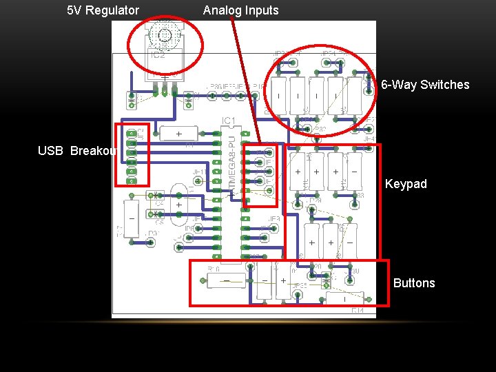 5 V Regulator Analog Inputs 6 -Way Switches USB Breakout Keypad Buttons 