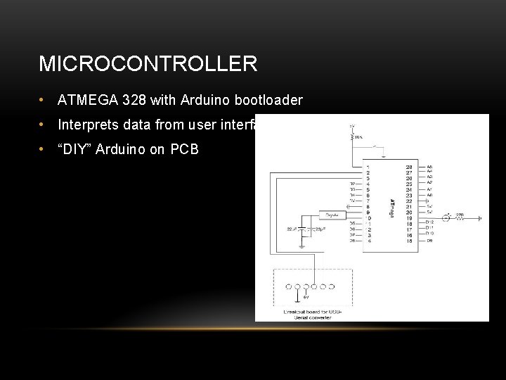MICROCONTROLLER • ATMEGA 328 with Arduino bootloader • Interprets data from user interface •
