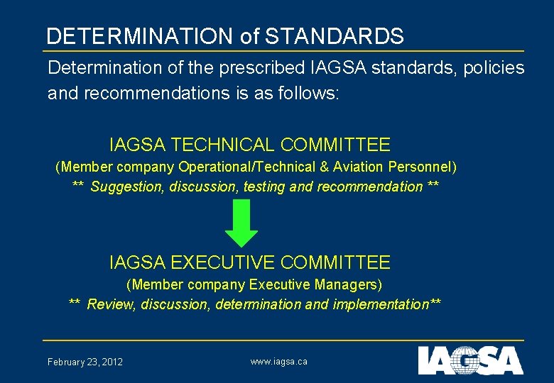 DETERMINATION of STANDARDS Determination of the prescribed IAGSA standards, policies and recommendations is as