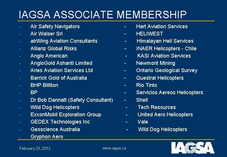 IAGSA ASSOCIATE MEMBERSHIP - Air Safety Navigators Air Walser Srl air. Wing Aviation Consultants