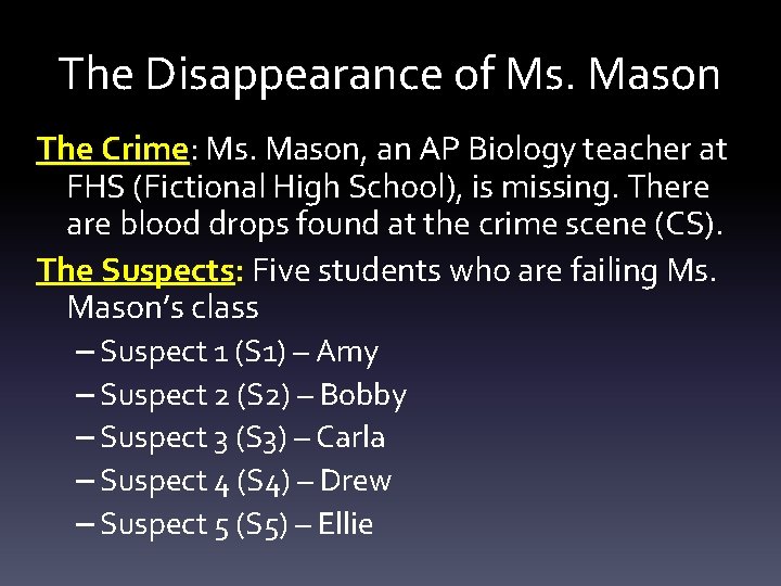 The Disappearance of Ms. Mason The Crime: Crime Ms. Mason, an AP Biology teacher