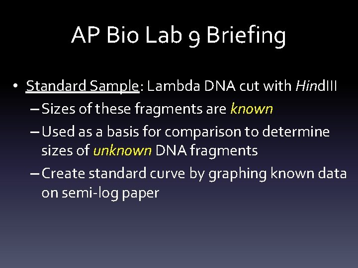 AP Bio Lab 9 Briefing • Standard Sample: Lambda DNA cut with Hind. III