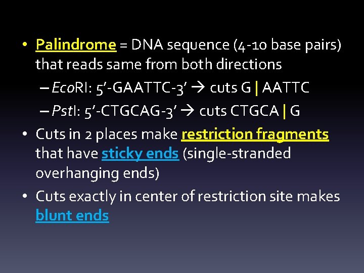  • Palindrome = DNA sequence (4 -10 base pairs) that reads same from