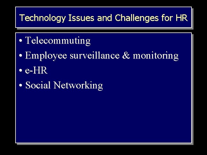 Technology Issues and Challenges for HR • Telecommuting • Employee surveillance & monitoring •