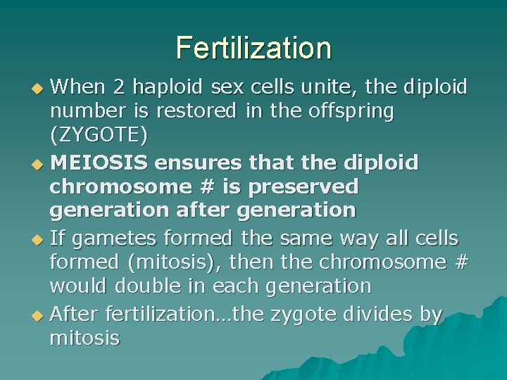 Fertilization When 2 haploid sex cells unite, the diploid number is restored in the