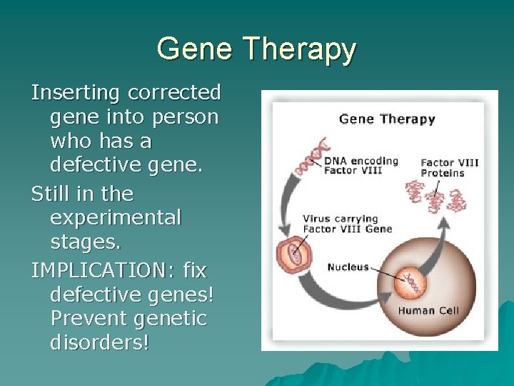 Gene Therapy Inserting corrected gene into person who has a defective gene. Still in