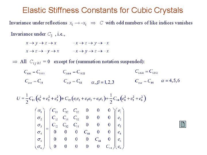 Elastic Stiffness Constants for Cubic Crystals Invariance under reflections xi → –xi C with