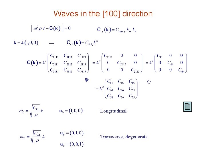 Waves in the [100] direction → Longitudinal Transverse, degenerate 